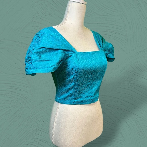 NWT ROTATE Birger Christensen ‘Petra’ Cropped Metallic Jacquard Top in Tile Blue - Picture 15 of 16